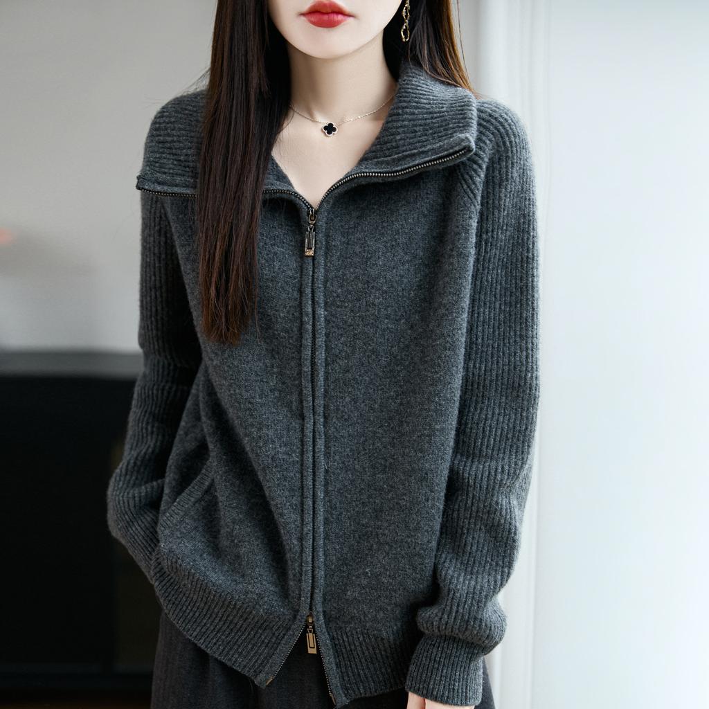 100 Wool Knitted Cardigan Women'S Jacket Autumn And Winter New Loose Thickened Sweater Single Zipper Versatile Sweater Stand-Up Collar