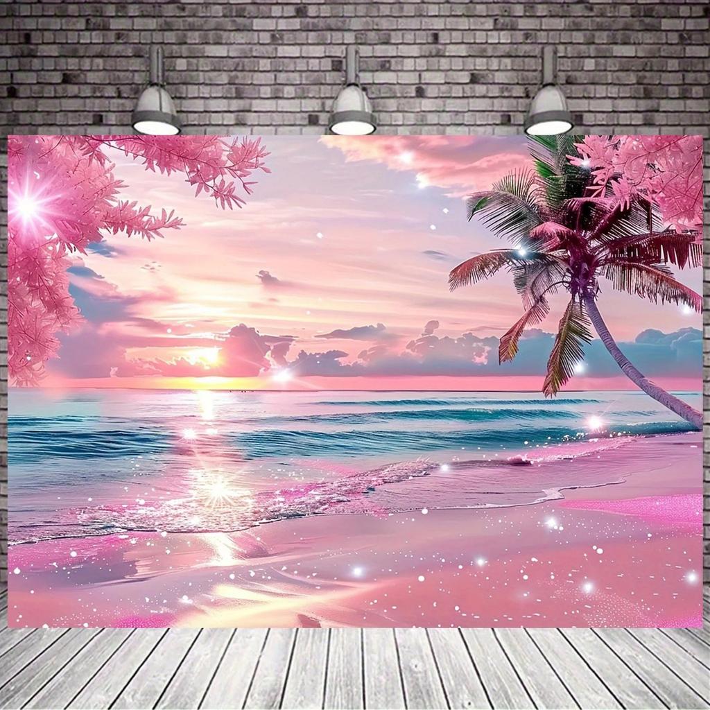 Bright Pink Sunset Hawaii Beach Trees Flower Tapestry Wall Hanging Wall Decoration Bedside Background Cloth