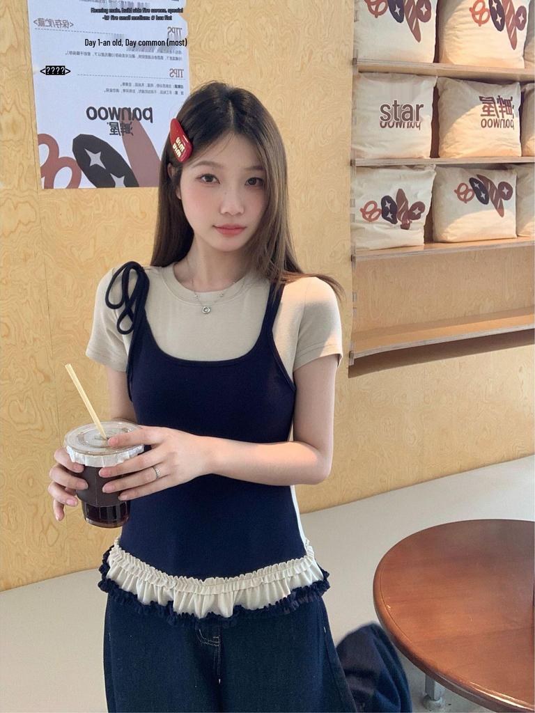 Morning Bloom Patchwork Ruffle Hem Short-Sleeve T-Shirt for Women