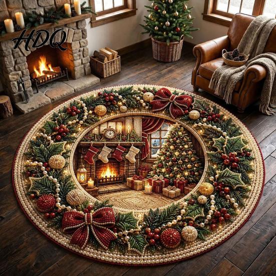 Holiday Welcome Mat for Guests Round Christmas 3D Rug Optical Illusion Area Santa Gnome Floor Decor Pattern Non-slip Living Room Entryway