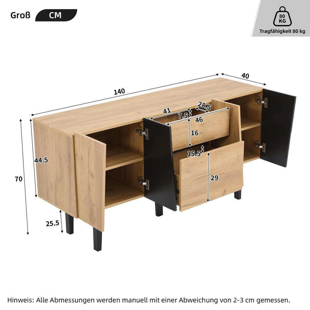 Sideboard 2 Türen, 2 Schubladen, Moderne Kommode TV-Schrank Stauraum, Buffetschrank Anrichte Esszimmer, Wohnzimmer, Schlafzimmer, Eiche & Schwarz