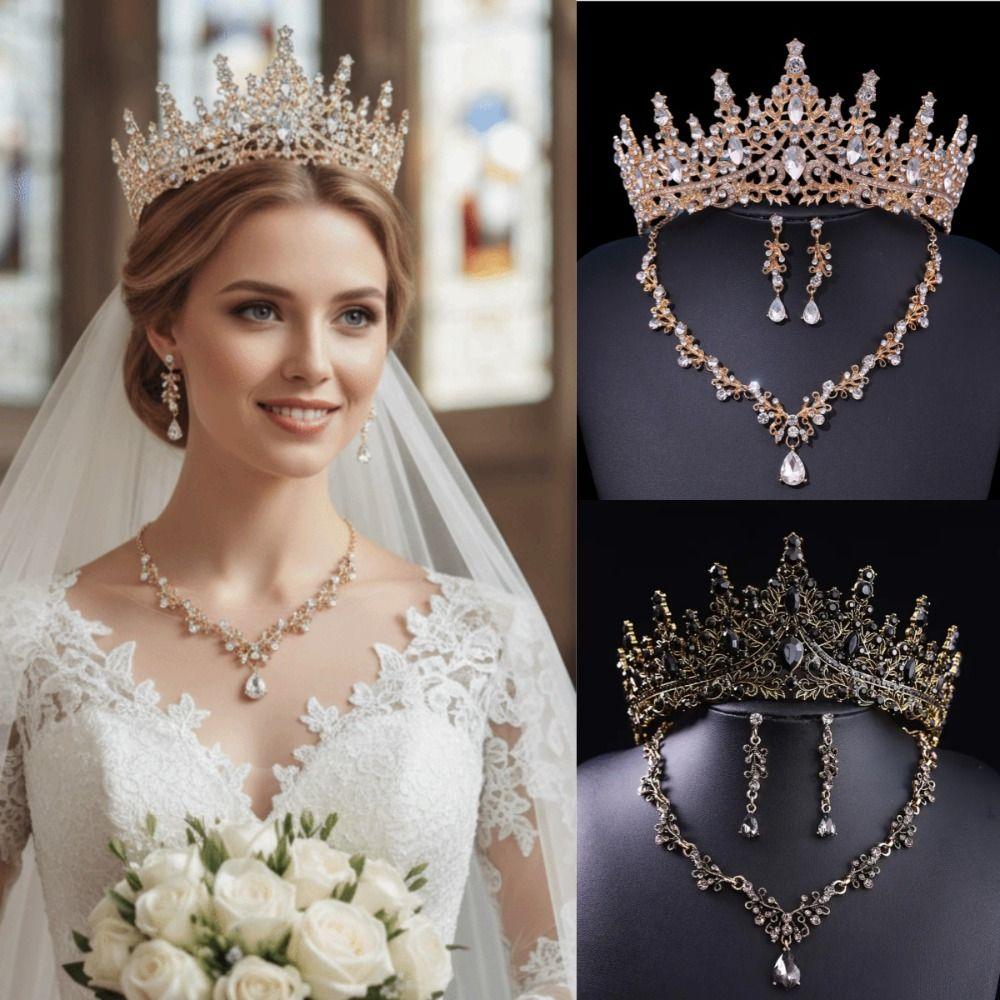 3 Pcs Metal Luxury Wedding Tiaras Shiny Necklace Earrings and Crown Sets Bride Jewelry Sets  Women