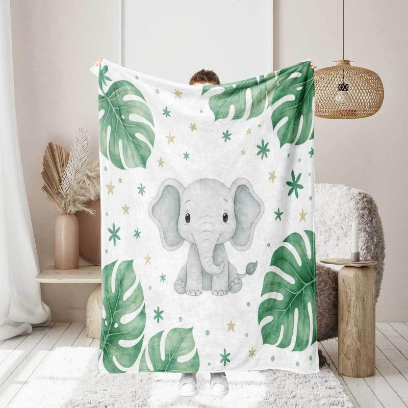 Cute Elephant and Monstera Leaf Blanket Soft Flannel Design Green White Theme Perfect for Baby Nursery Decor130x150