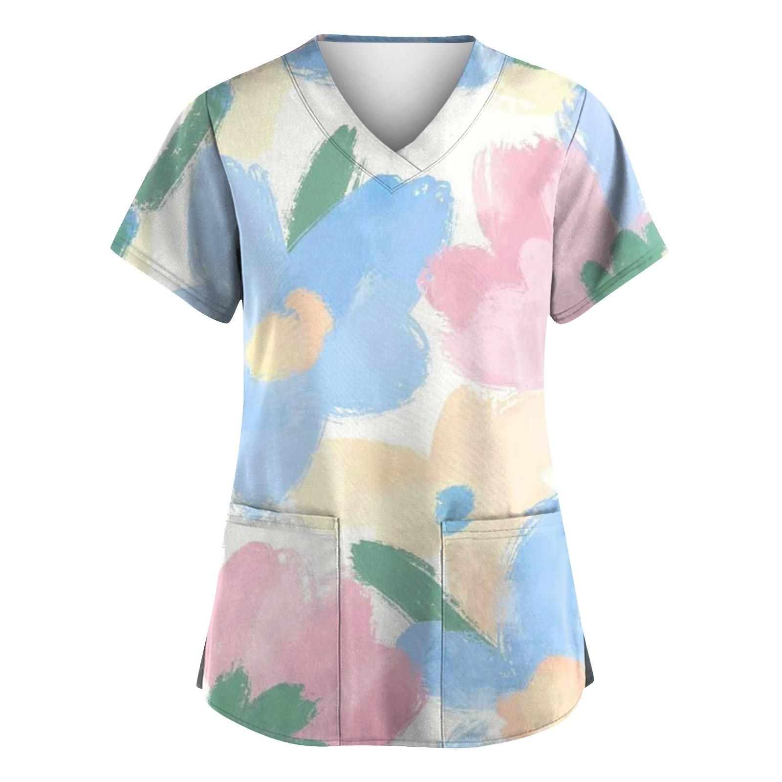 

Женская мода с v-образным вырезом, короткими рукавами и карманами, топы с принтом XL