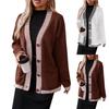 Cardigan feminino listrado com bloco de cores e manga comprida, decote em V, com botões e solto