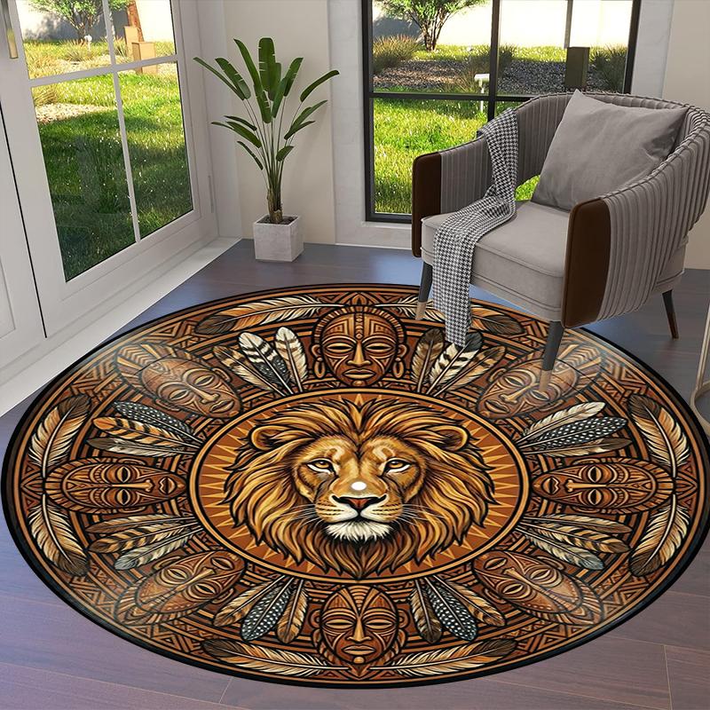 Retro Mandala Lion Round Area Rug,Carpet Rug for Living Room Bedroom Sofa Playroom Decor,Non-slip Floor Mat Q0037