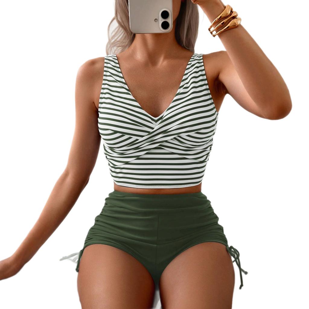 Europäischer und Amerikanischer Schnelltrocknender Enganliegender Kreuz-Bikini mit Hohem Bund und Kordelzug, Gespaltene Badehose, Damen-Bikini