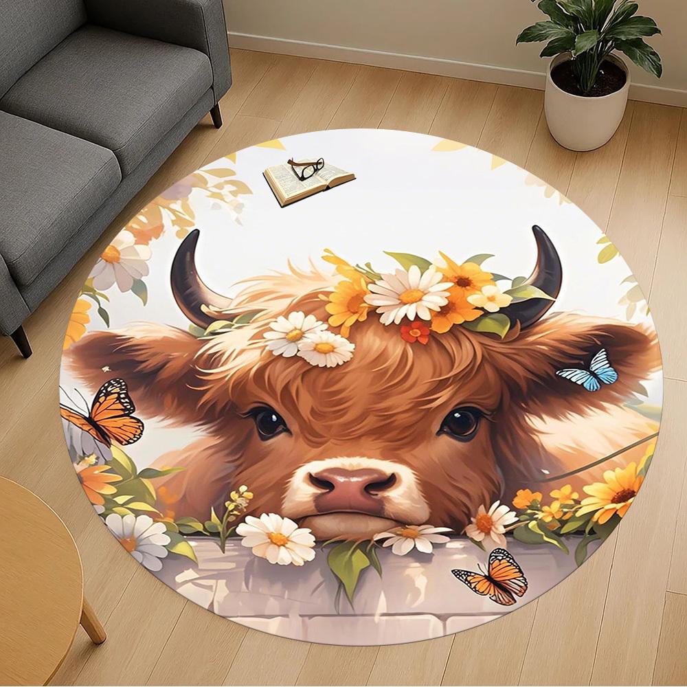 1PC Cow Flowers Cute Round Chair Mat Area Rug - Non-Slip, Floor Mat for Office, Bedroom, Home Decor Christmas Gift C0528047