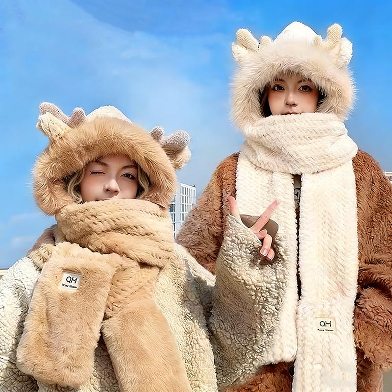 Fashion Elk Antlers Plush Hat Scarf Gloves Women's Winter Ear Protector Thickened Ear Muffs and Neck Warmer Hat Cycling Ski Cap Wind Proof