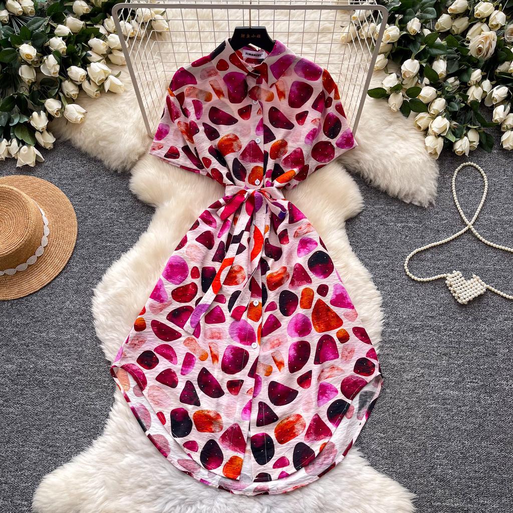 Printed Short-sleeved Dress Women's Summer Waist and Thin A-shaped Skirt Commuter Temperament Shirt Skirt
