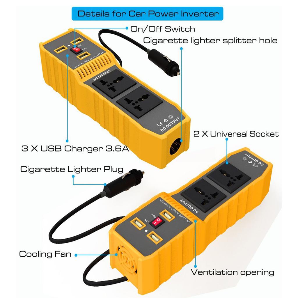Car Power Inverter DC12V to AC220V 200W Vehicle Converter Adapter with 3 USB 2 Universal 1 Cigarette