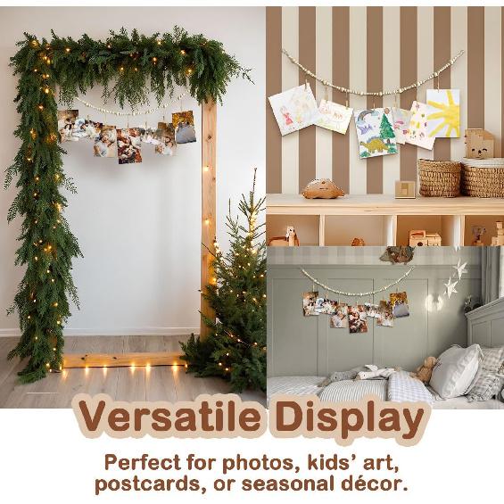 Wall Hanging Photo String with Clips, Office Cubicle Decor, Art Display for Kids Artwork, Boho Wooden Bead Garland Picture String with Clips, Kids