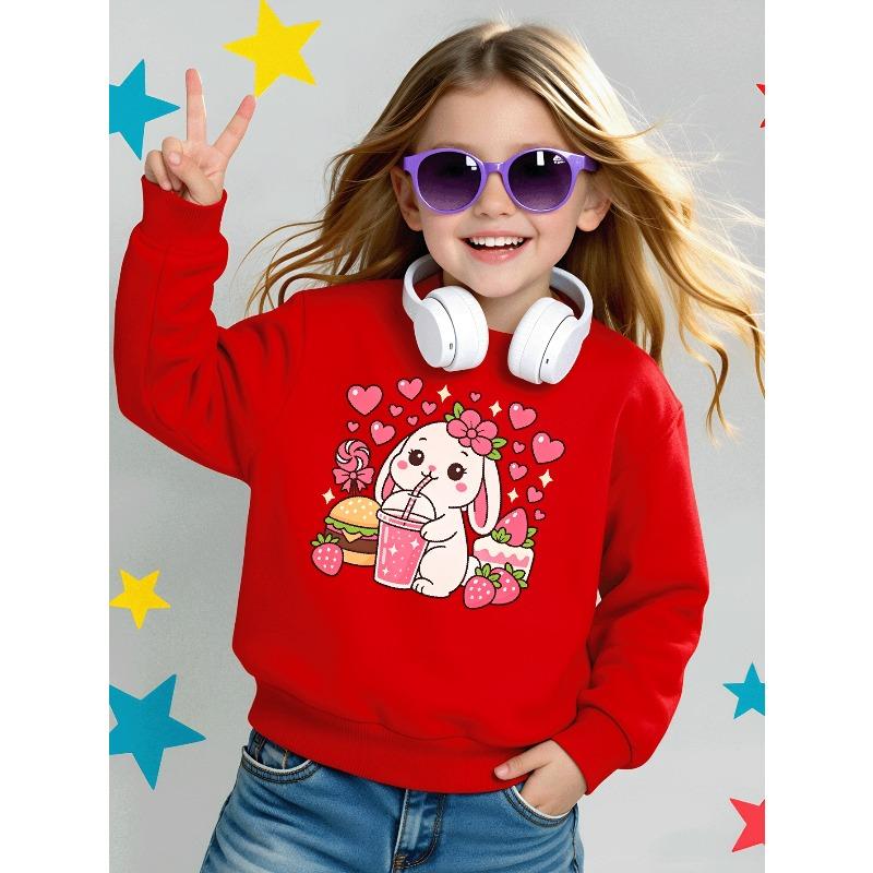 European sizes Girls Soft Crewneck Sweatshirt Cute Bunny Drinking Strawberry Milk Print, Casual All-Match, Ideal Holiday Present