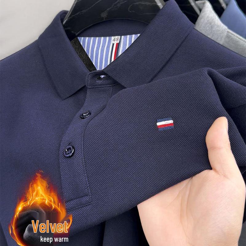 Herren Fleecegefüttert Bestickt Langarm Poloshirt - Herbst/Winter 2025 Business Casual Umlegekragen