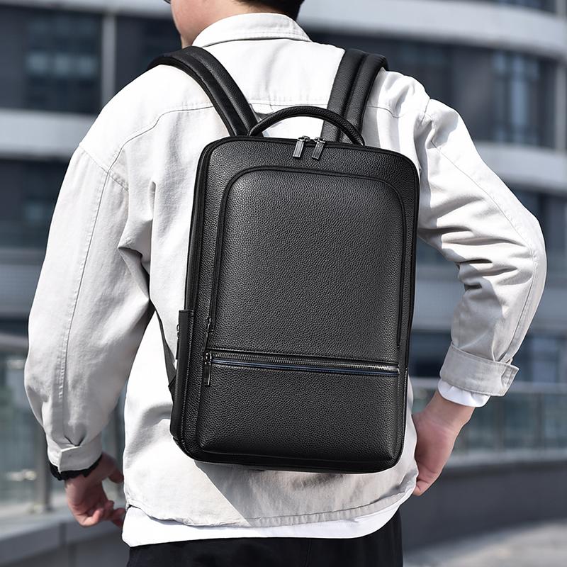 Large Capaci Men's Leather Backpack Double Oulder Waterproof Commuter Travel Backpack Soft Handle Zipper Laptop Bag