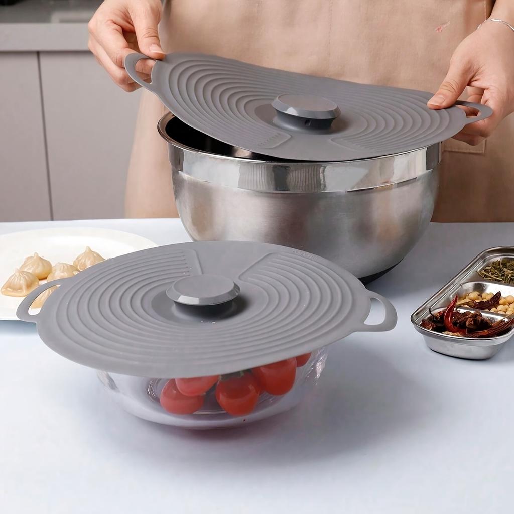 3er Silikon-Deckel-Set, Hitzebeständige Mikrowellenabdeckung, Wiederverwendbare Silikon-Saugdeckel für Schüsseln, Tassen, Teller und Bratpfannen, mit Doppelgriffen