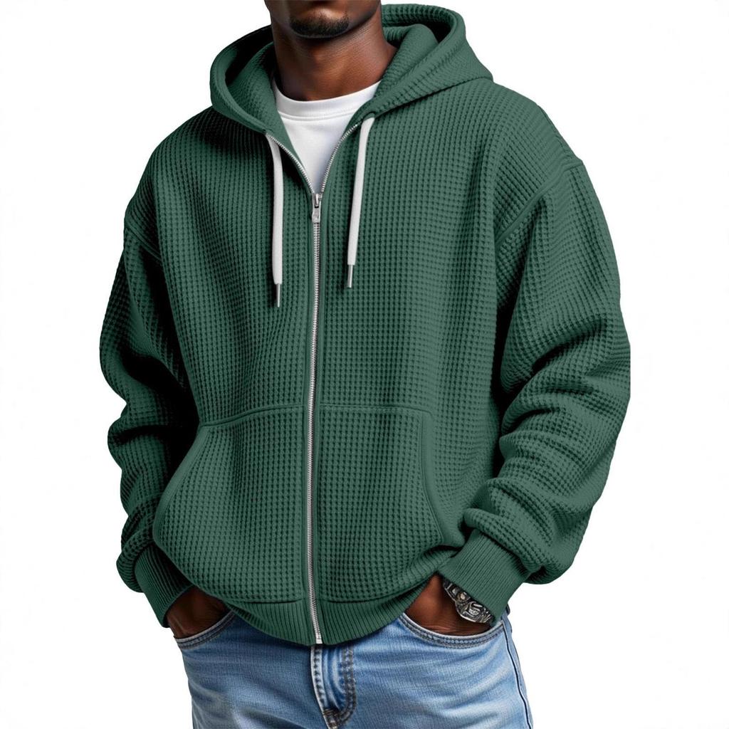 Men's 2025 Waffle Texture 3D Print Double Hooded Zip Sweatshirt