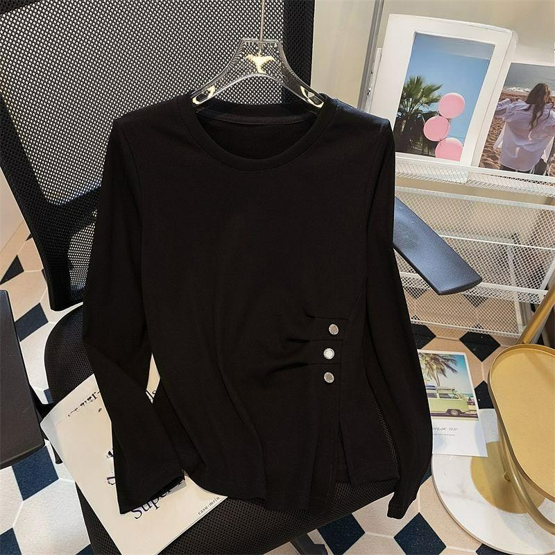 

Женская футболка больших размеров длиной до плеч с длинными рукавами и шикарным дизайном, топ, который скрывает полноту и является тонким, нерегулярная внутренняя базовая рубашка M чёрный