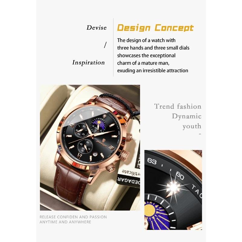 POEDAGAR Luxury Sports Watch for Men Waterproof Luminous Date Chronograph Wristwatch Leather Quartz Watches Reloj