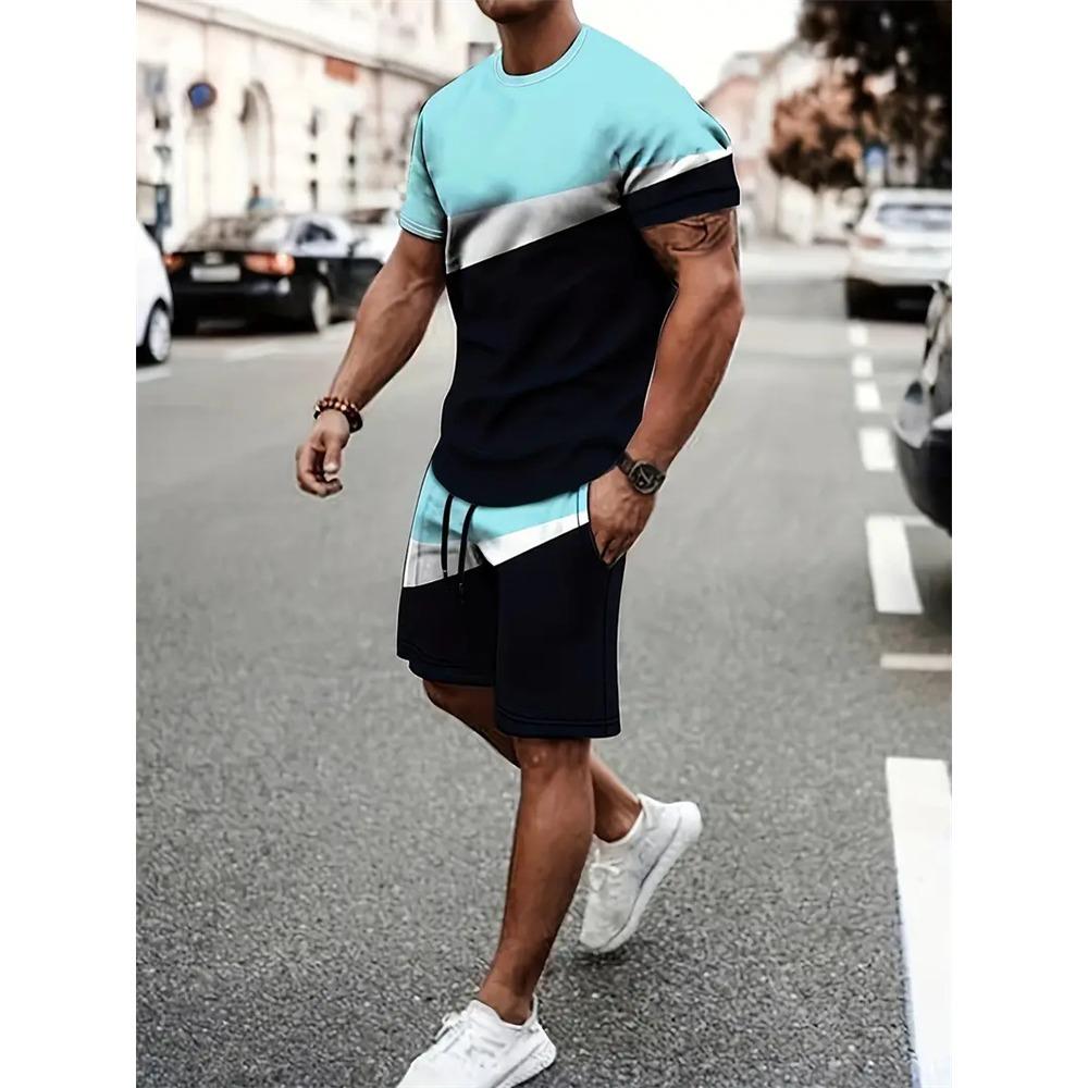 Summer Fashion Men's Patch Printed Short Sleeved Shorts Set, Outdoor Sports Breathable Short Sleeved Elastic Drawstring Shorts