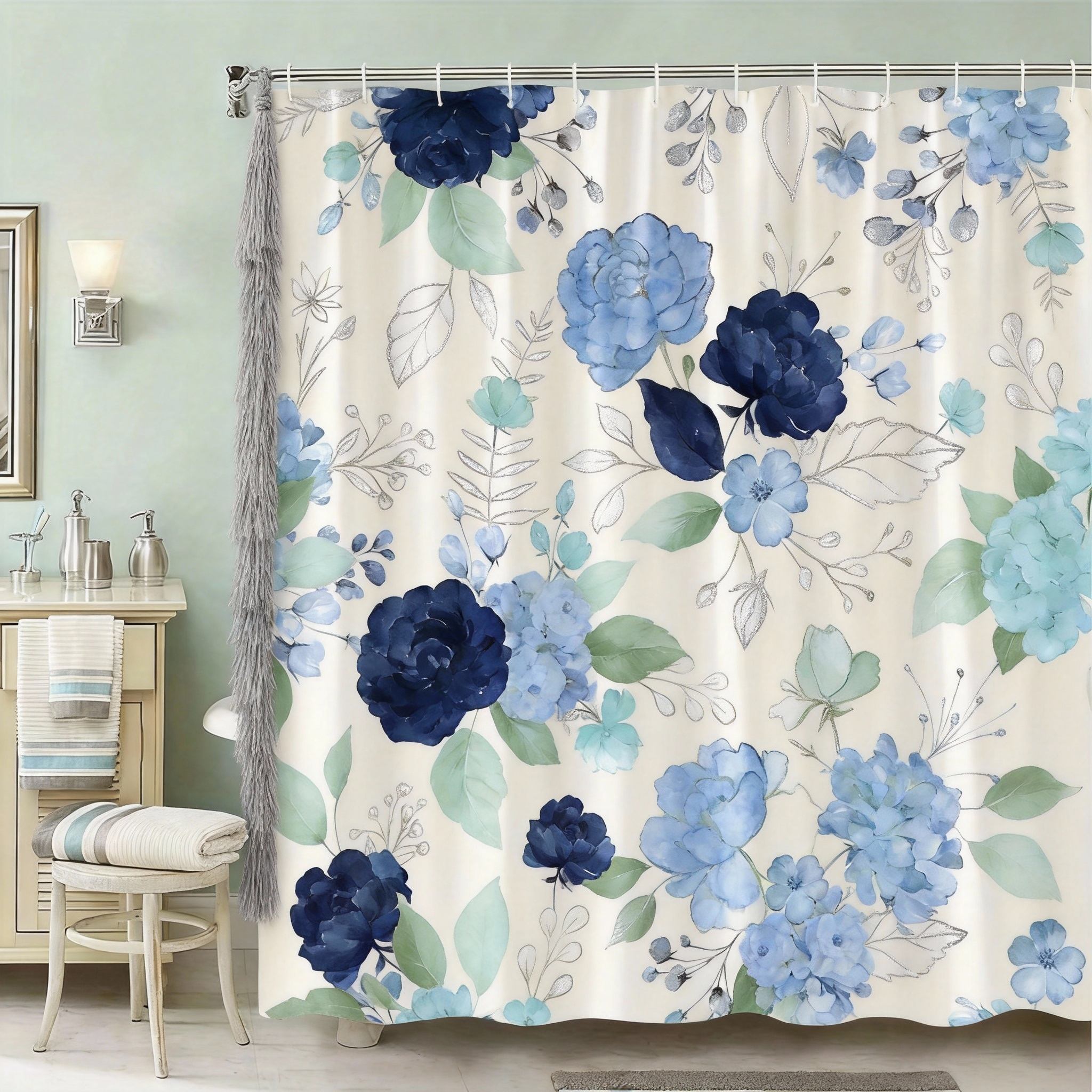 

Vintage Botanical Shower Curtain 180X180Cm – Watercolor Roses & Peonies In Dark Blue Gold Beige, Luxury Bathroom Decor, 12 Hooks W60H190(CM)-1 Pcs