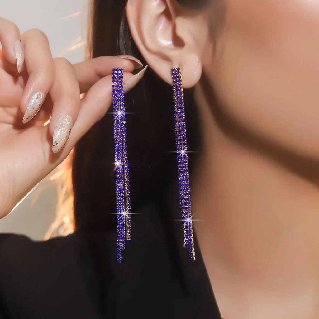 Boucles d'oreilles longues à pampilles en cristal strass brillant 4 lignes pour femmes mariage fête pendantes pendantes mariée brincos