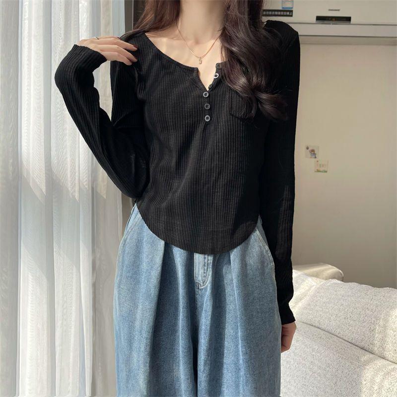 Slim Fit T-shirt Women's Early Autumn Thin Versatile V-neck Slim Short Long Sleeve Inner Base Layer Knit Top