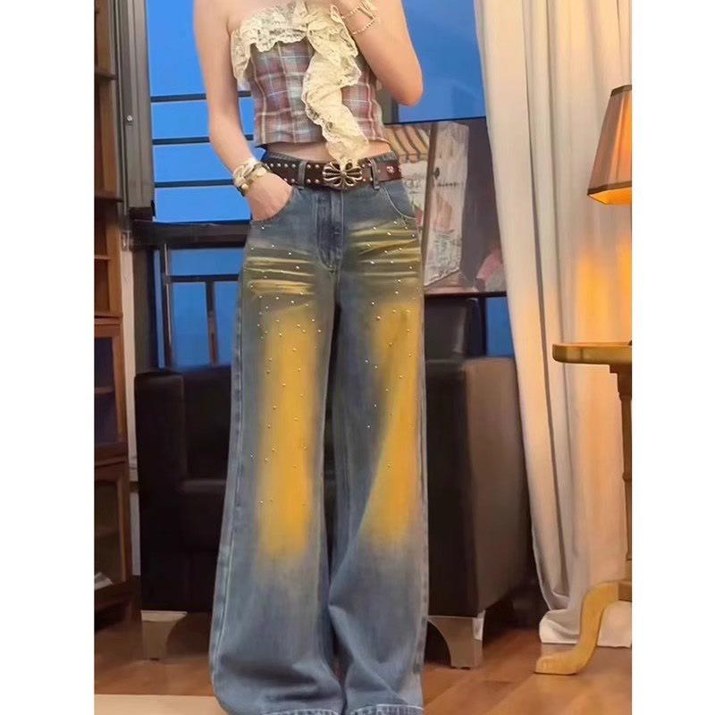 Women's 2025 Summer Retro Distressed Washed Wide-Leg Riveted Jeans