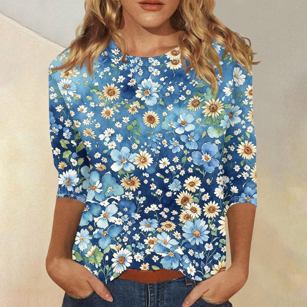 Women's Casual Floral Print Three Quarter Sleeve Round Neck Top Lightweight Comfortable Fit Versatile Everyday Wear