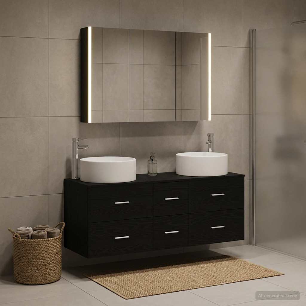 Bathroom Furniture Set 4 Pcs Black Oak Engineered Wood and Glass