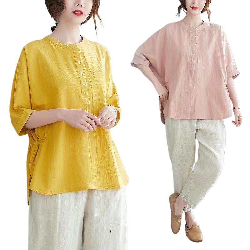Plus Size Cotton Linen Chic Casual Sports Suit with Five-Point Sleeves