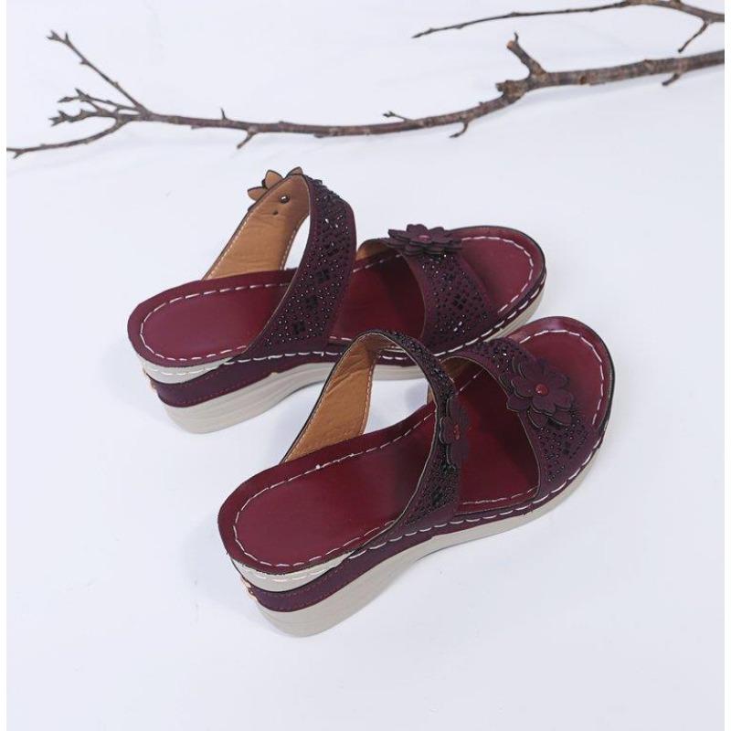 

New summer retro casual flower high-heeled one-character women s wedged slippers 35 фиолетовый