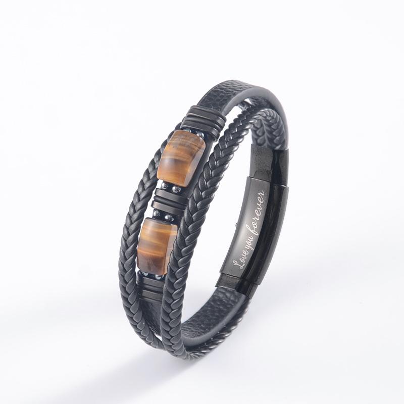 

Браслет из камня Тигровый глаз Многослойный Регулируемый Веревочный Кожаный Браслет Магнитная Застежка Мужские Украшения чёрный