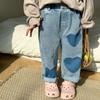 Spring Girl Baby Patch Love Jeans Retro Boy Children Pockets Casual Pants Loose Kid Cotton Trousers Toddler Denim Pants