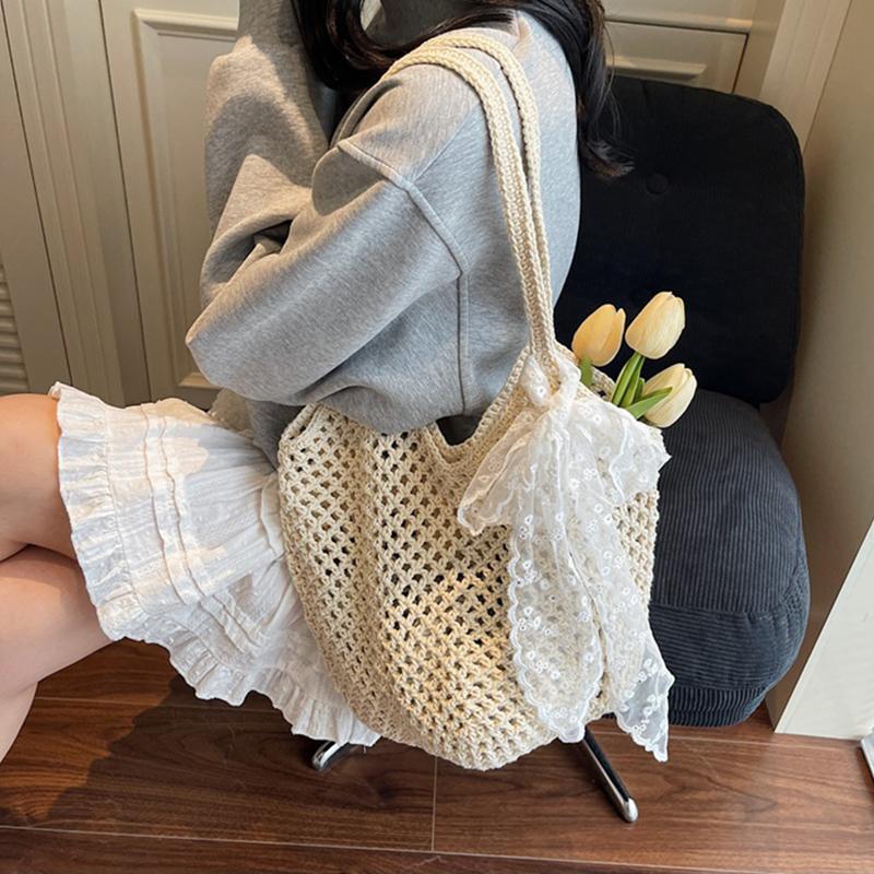 Yogodlns Women Crochet Tote Bag Fashion Knitted Large Capacity Woven Shoulder Bags Solid Color Simple Shopping Bag for Summer Beach