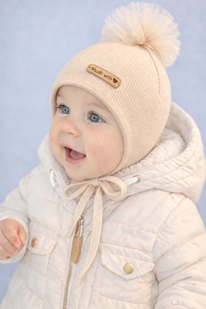 Girls' Hat 44-46 Tied 2 Layers With Pompom Spring Autumn Beige