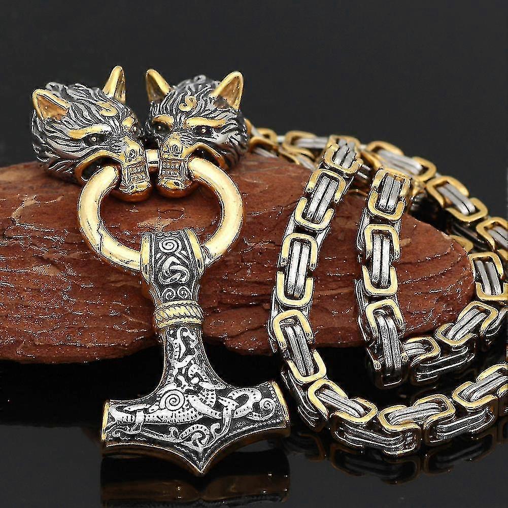 Stainless Steel Viking Wolf Head Doubles Color Thor S Hammer Pendant Leather Chain Men S Necklace Jewelry-50cm-style2 Gold