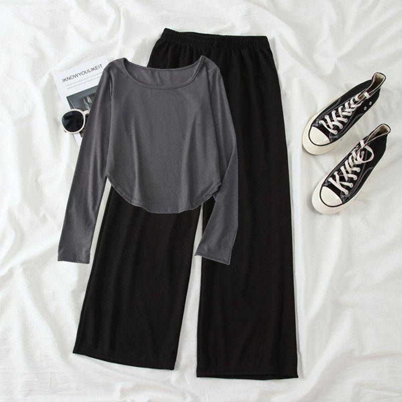

Женский костюм, футболка с длинными рукавами, короткий топ, брюки, широкие брюки, модный повседневный спортивный комплект из двух предметов 2XL серый