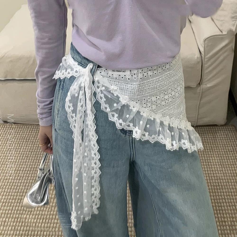 Double-use Lace Trim Hair Scarf Early Spring Butt Curtain Small Apron A-Line Half Skirt Fashion Ins Stacked Headscarf For Women