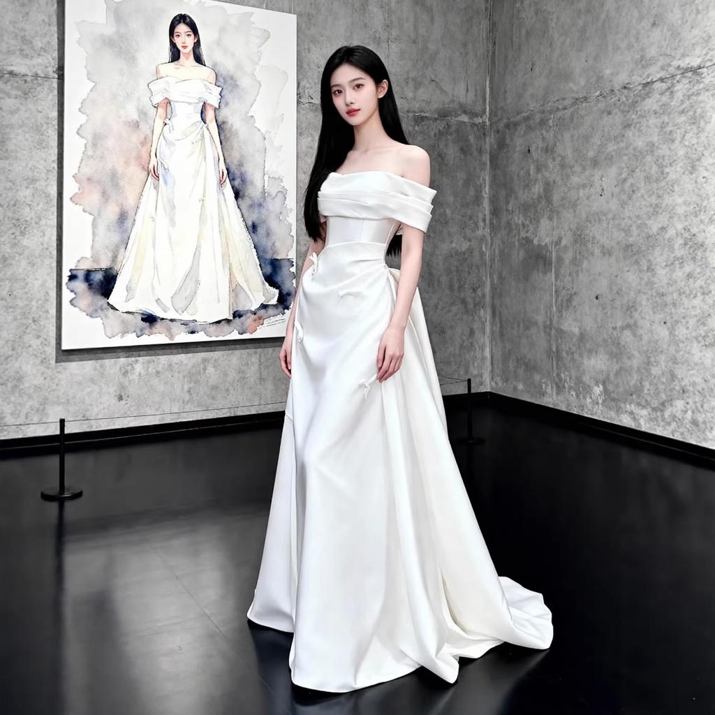Celebrity Banquet Evening Dress French Haute Couture Shoulder Birthday Dress Satin Simple Engagement Dress Wedding Dress