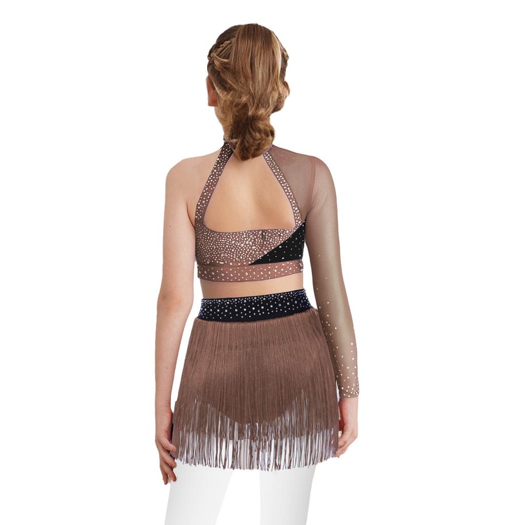 Girls Latin Dance Performance Costume One Shoulder Crop Top Rhinestones Tassel Skirt Set