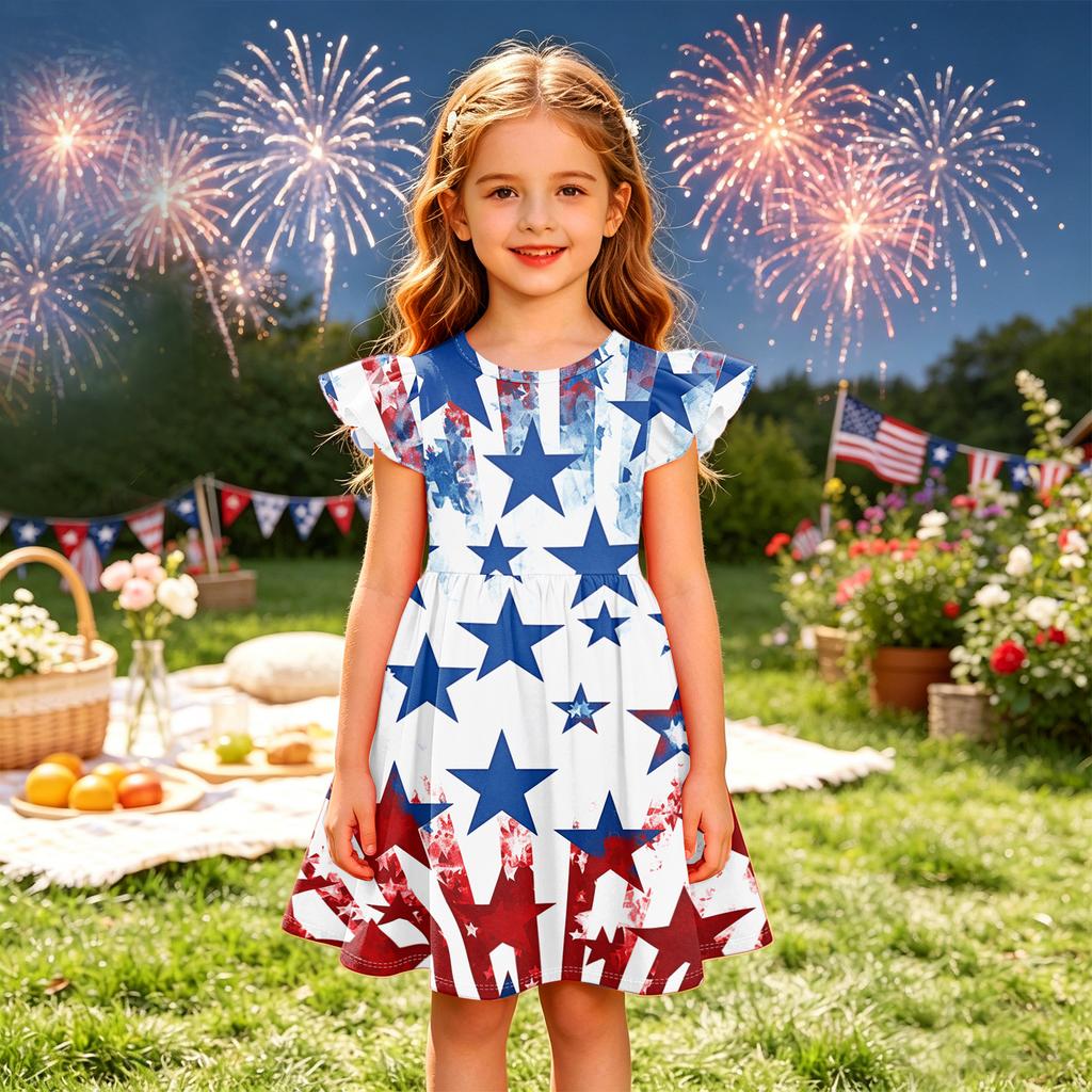 Girls Short Sleeve Dress with Star and Stripe Print Soft Crew Neck Casual A Line Fit Lightweight Summer Dress