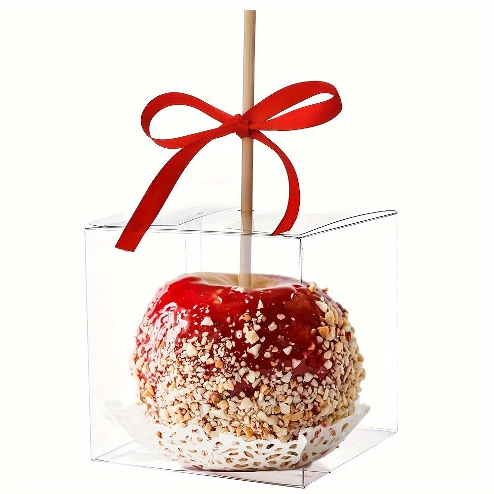 

12Pcs 4x4x4 Inches Candy Apple Boxes with Hole Clear Caramel Apples Boxes for Treats Food In Safe PET Plastic Box Fits Standard and Large Apple 12PCS