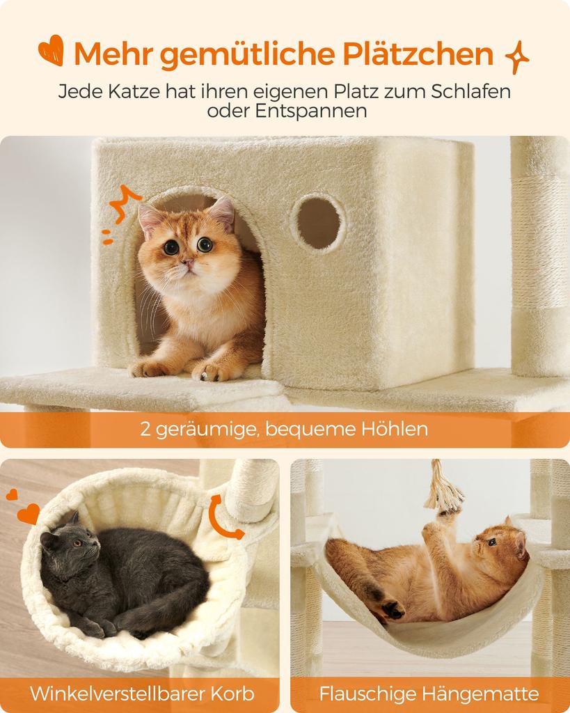 FEANDREA PCT190M01 Grote Krabpaal voor Katten, 206 cm Hoog, XXL Kattenboom met 13 Krabpalen, 2 Platforms, 2 Manden, Mand, Hangmat, Pluche Ballen