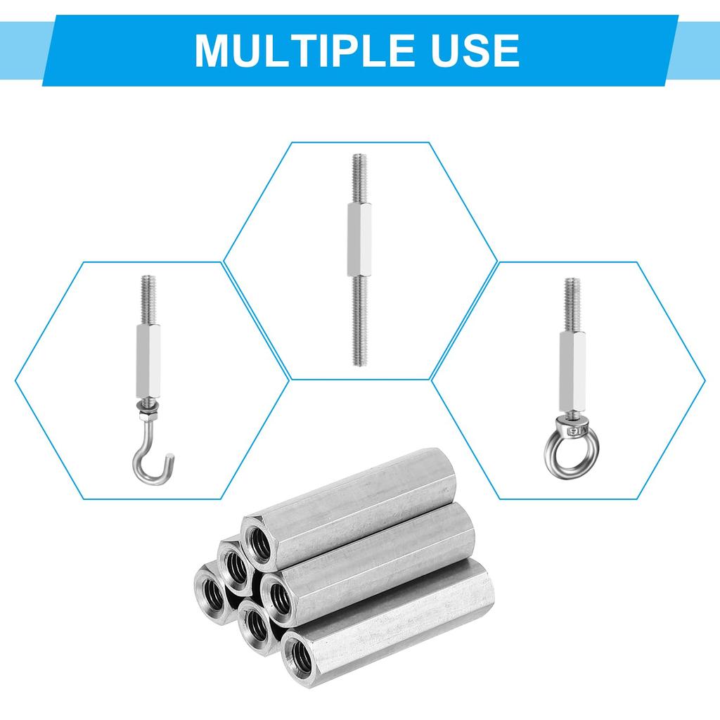 PATIKIL M6 X 1 High Nut Hex 6pcs Coarse Fully Rod Coupling Stud Connector Silver Tone Coupling, 10mm/0.4" Long, Thread, Threaded, Nut, Fastener,