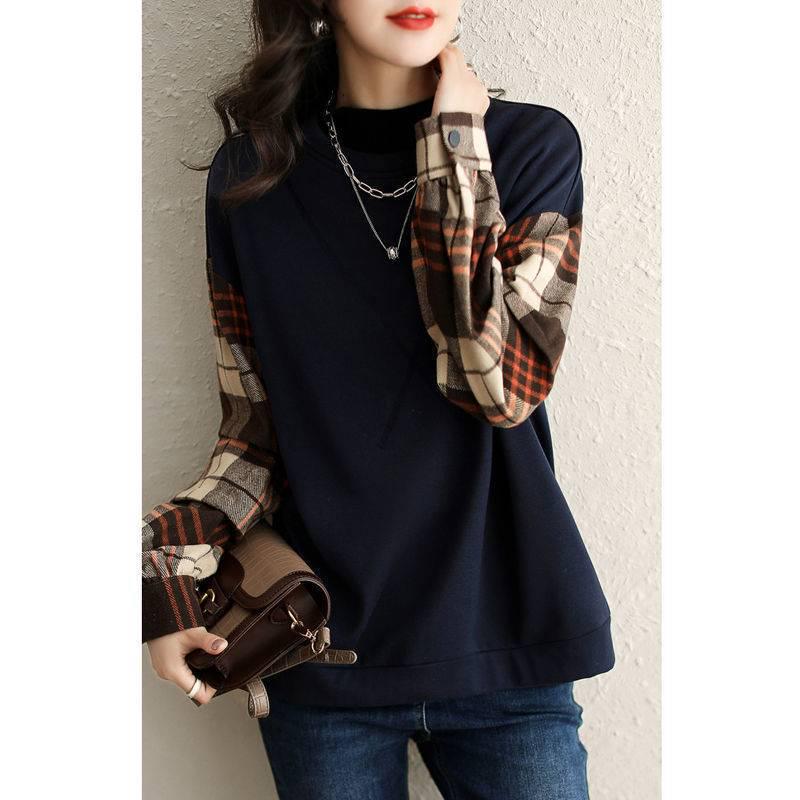 Women's Pilling-Free Crew Neck Plaid Sweatshirt, Retro Fake Two-Piece Style, Early Spring 2025 Collection