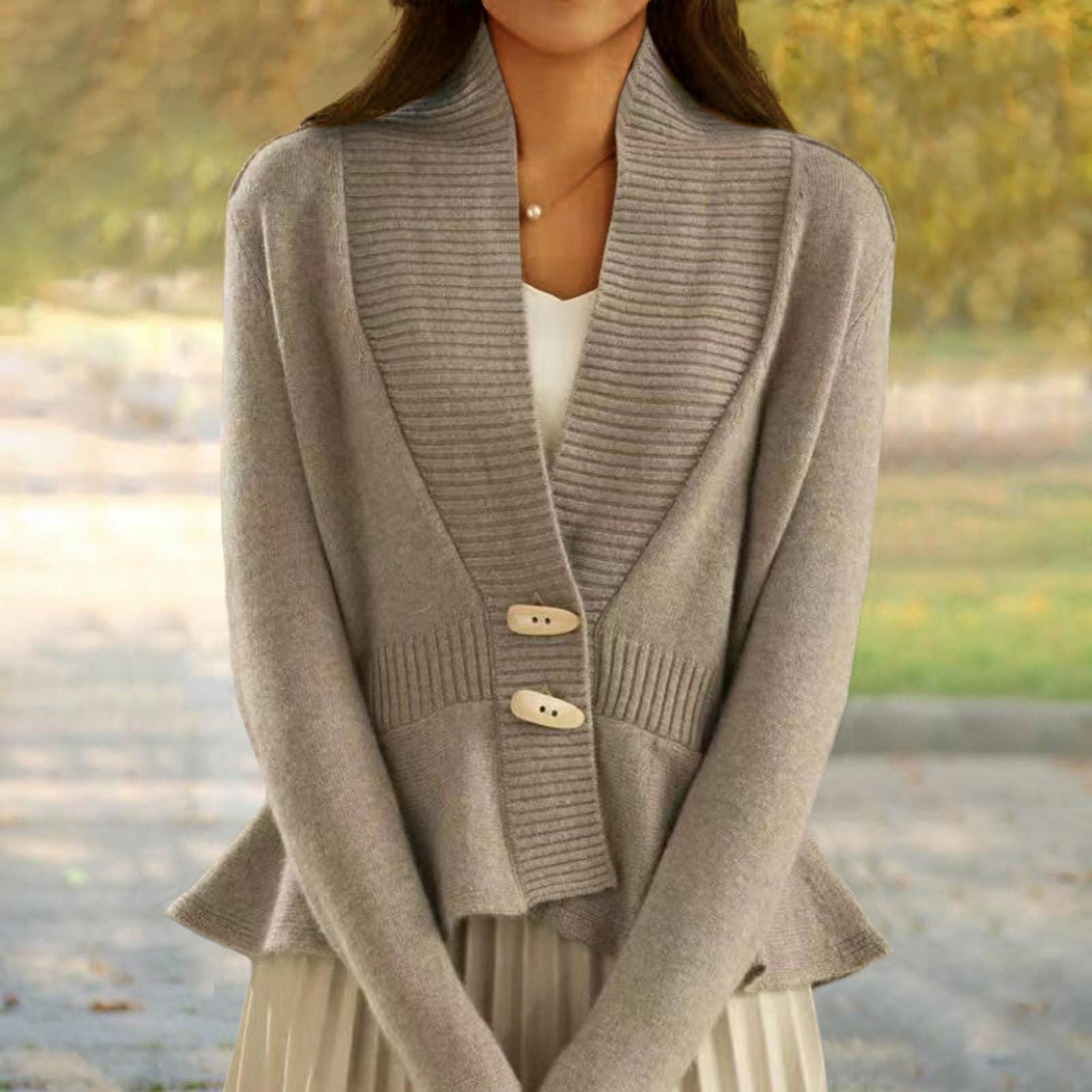 

Женский однотонный винтажный вязаный кардиган с V-образным вырезом, свитер, пальто с оборкой по низу M хаки