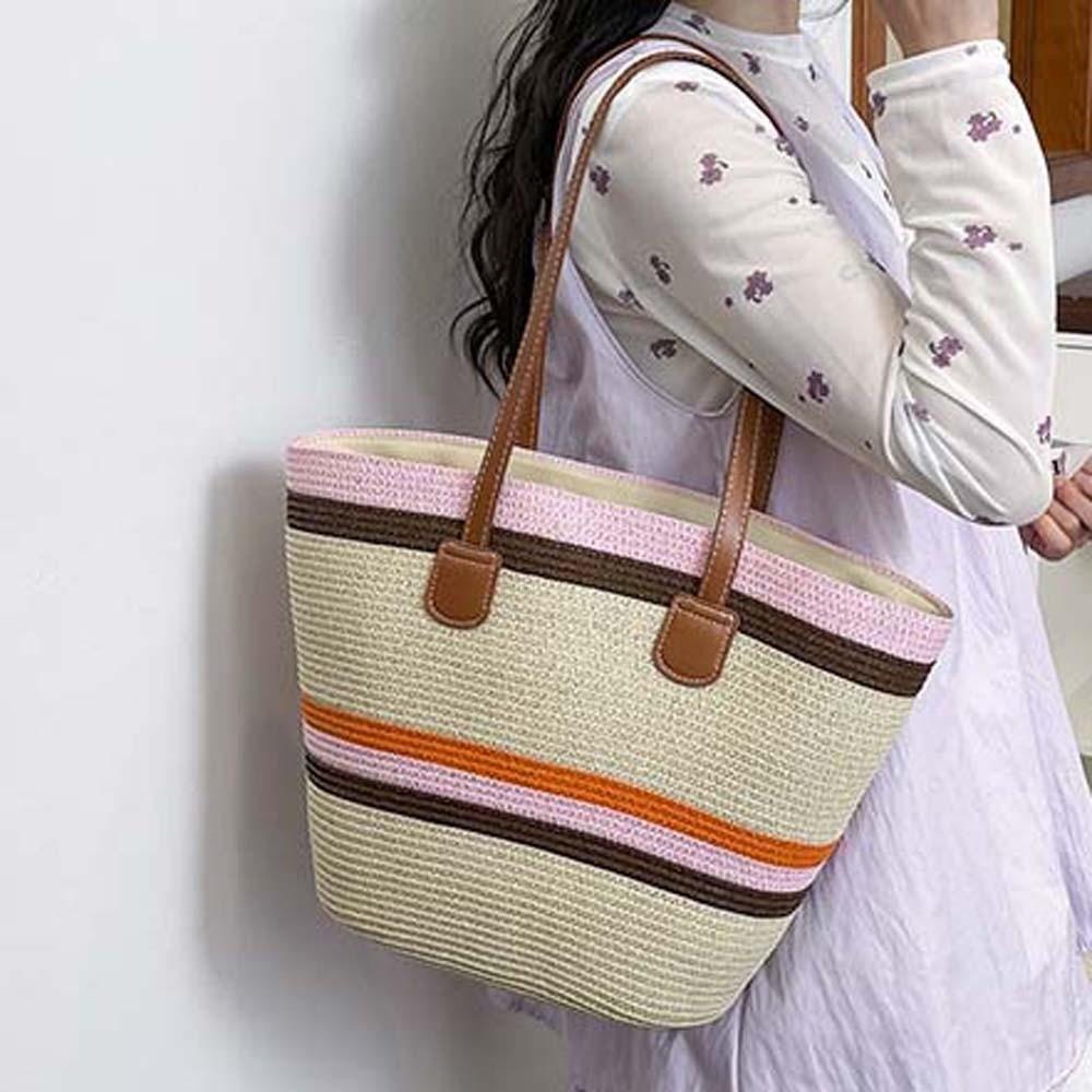 Large Capacity Stripe Woven Tote Bag Lightweight Summer Beach Handbag Shopping Straw Bag  Daily