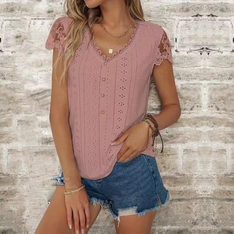 Summer Fashion Solid Color Lace V-neck Short Sleeved T-shirt Top T-Shirts Women’s