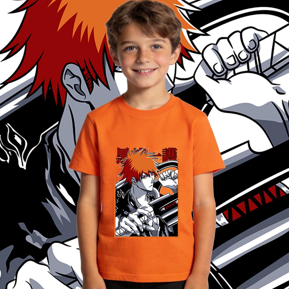 100 Percent Cotton Kids Anime T Shirt Bleach Ichigo Print Casual Summer Short Sleeve Top for Boys and Girls